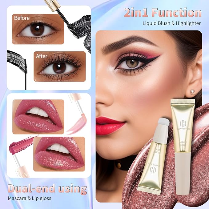 Color Nymph Teen Girls Makeup Kits, Makeup Set For Girls With Sequin Bag All In One Makeup Kit For Women Packed Individually 9 Colors Eyeshadow Palette Liquid Blush Lip gloss Mascara -Pink Blue