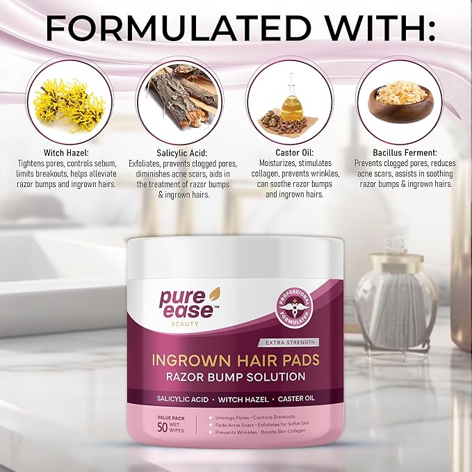 Ingrown Hair Treatment & Exfoliating Pads – 50 Pre-Soaked Wipes for Razor Bumps Treatment for Women – Skin-Smoothing Formula for Face, Neck, Underarms & Bikini Area