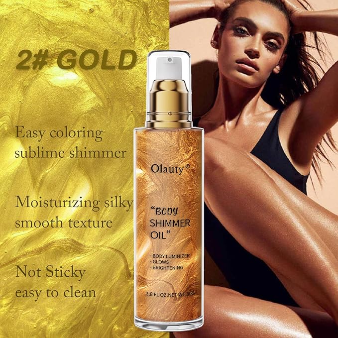 Shimmer Body Oil, Highlighter Makeup Smooth Glitter Glow Liquid Foundation for Face & Body,Liquid Illuminator Body Shimmer Lotion for Women (2# Rose Gold)