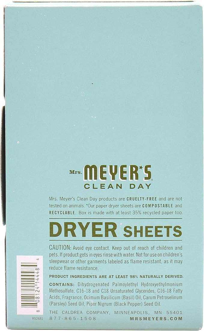 MRS. MEYER'S CLEAN DAY Dryer Sheets, Fabric Softener, Reduces Static, Infused with Essential Oils, Basil, 80 Count