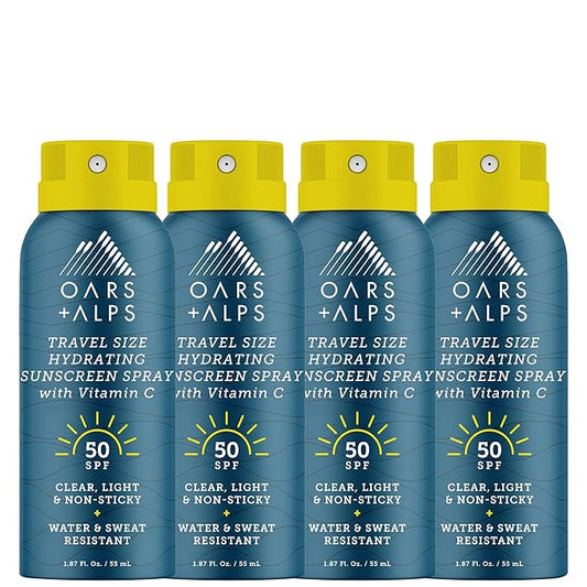 Travel Sunscreen Spray for Face & Body, SPF 50 Spray Sunscreen Infused with Vitamin C & Antioxidants, No White Residue, Water & Sweat Resistant, Lightweight, Hydrating, 1.87oz, 4pk