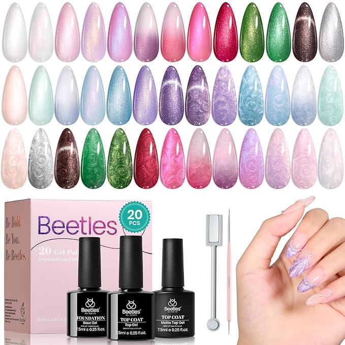 Beetles Pearl Gel Nail Polish Set - Ocean Treasures Gel Polish, 20 Colors Glitter Cat Eye Pink Red Mermaid Swirl Thread Effect Soak off Nail Gel for DIY Manicure Gift for Women