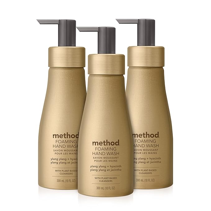 Method Premium Foaming Hand Wash, Ylang Ylang + Hyacinth, Reusable Gold Aluminum Bottle, Biodegradable Formula, 10 fl oz (Pack of 3)