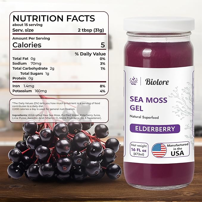 Biolore Sea Moss Gel - Elderberry 16oz, Wildcrafted Irish Seamoss with Essential Vitamins & Trace Minerals, Vegan Superfood Made in USA