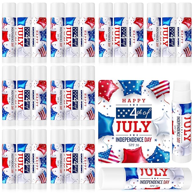24 Pcs SPF 30 Lip Balm Bulk for Summer Wedding Baby Shower 4th of July Party Sunscreen Lip Balm Sticks Outdoor Travel Sunscreen Care Lip Balm for Thank You Gifts Party Supplies (4th of July)