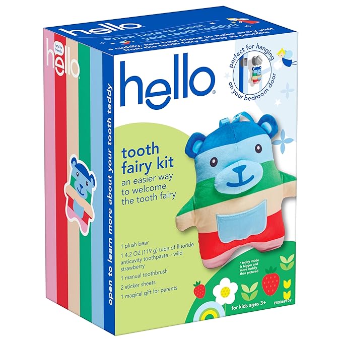 hello Tooth Fairy Kit with Tooth Fairy Door Hanger and Teddy Bear, Includes Full Size Fluoride Kids Strawberry Toothpaste and Kids Toothbrush, for Children Ages 3 and Up