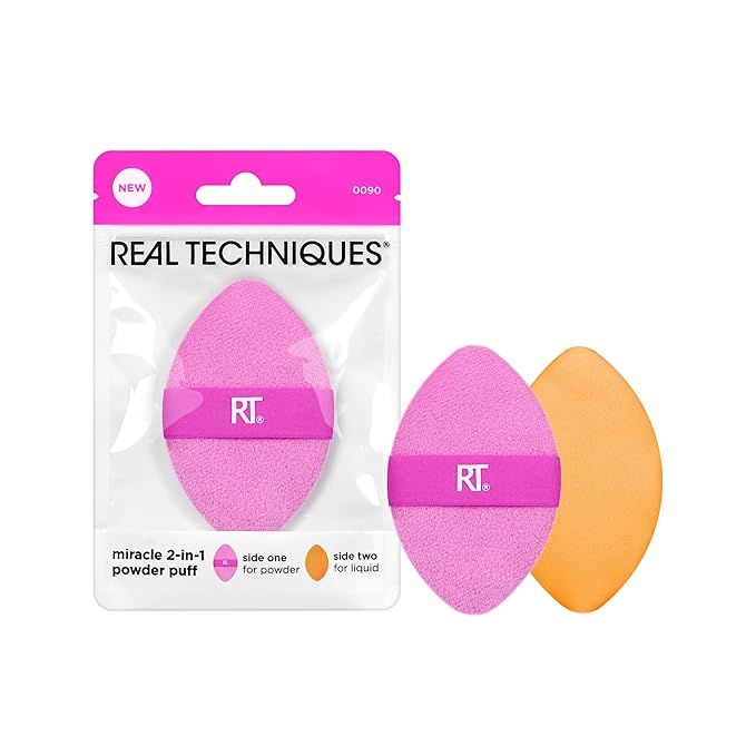 Real Techniques Miracle 2-In-1 Powder Puff, Dual-Sided, Full-Size Makeup Blending Puff, Reversible Elastic Band, Precision Tip Makeup Sponge & Powder Puff, For Liquid, Cream & Powder, 1 Count