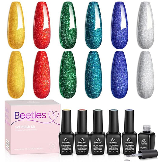 Beetles Glitter Gel Nail Polish, 6 Colors Red Green Gel Nail Polish Set Soak Off Uv LED Nail Lamp Reflective Glitter Nail Art DIY Home Nails Manicure Gifts for Women Her Girls