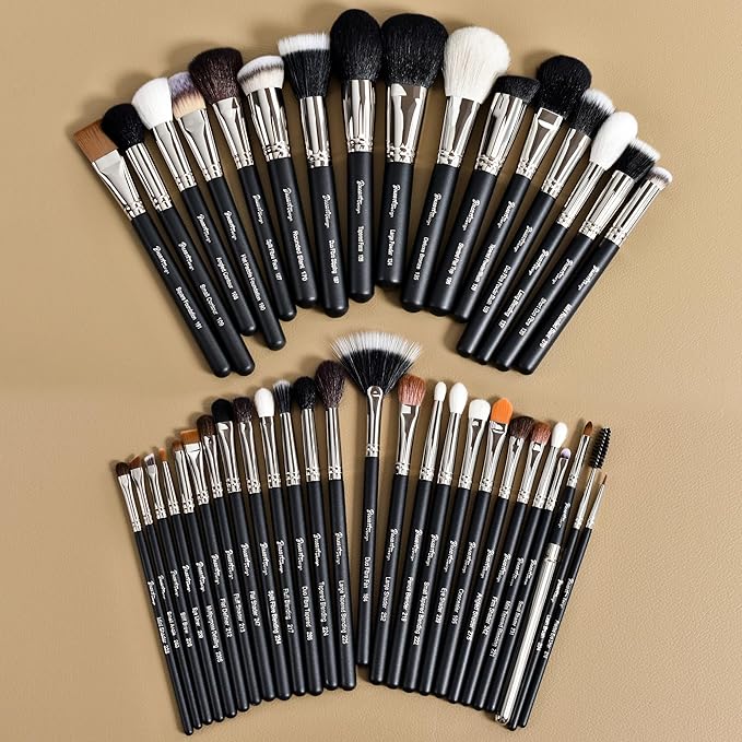 Makeup Artist MUST HAVES 42Pcs Makeup Brushes Set with Real Natural Goat Hair By BUEART DESIGN (42Pcs Matte Pearl Black)