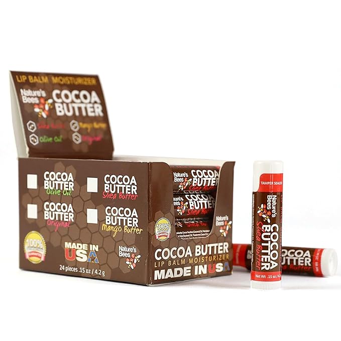 Nature's Bees - Cocoa Butter Lip Balm Moisturizer - Shea Butter Flavor 24 Pack - Hydrating Lip Balm - Made w/Coconut Oil, Beeswax, Vitamin E, Aloe - Made in USA - Beauty & Lip Care - 0.15oz (4.2g)