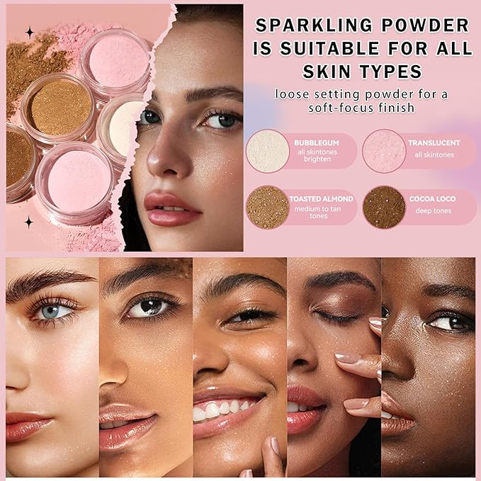 Pink Setting Powder Loose Powder Shimmer Finishing Powder Ultimate Blurring Setting Powder Long Lasting Oil Control Loose Face Powder for All Skin Tones-02 Pink