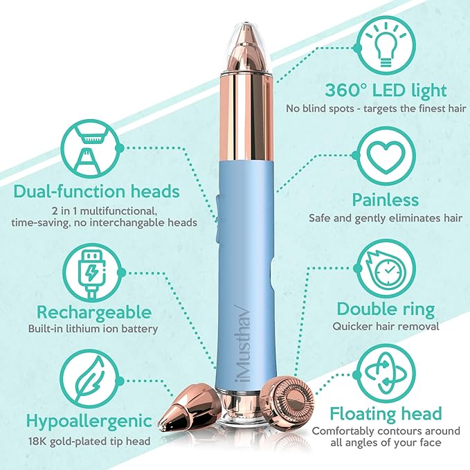 2 in 1 Flawless Eyebrow and Facial Hair Remover for Women Painless Electric Razor Epilator Trimmer Shaver with 18K Gold-Plated, USB Rechargeable, 360° LED for Eyebrow and Face Hair Removal