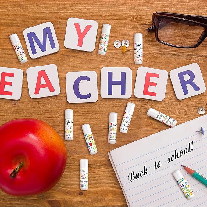 Dunzy 50 Pcs Thank You Gift Lip Balm Bulk Baby Shower Party Favors Bridal Shower Favor Lip Care with Assorted Fruit Flavors Thank You Lipstick for Guest Basket Gift Stuffer (Teacher)