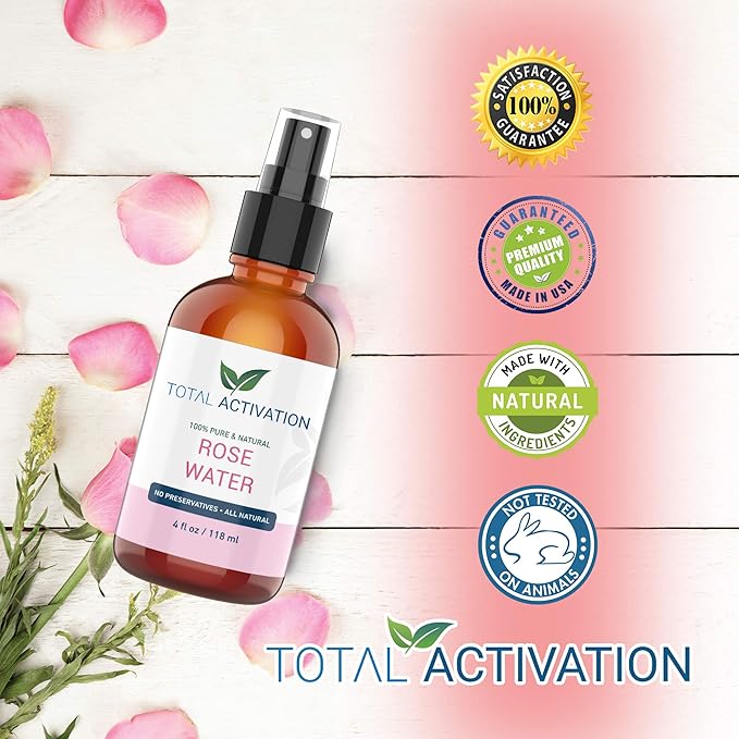 Large 4 oz 100% Pure, Organic Moroccan Rose Water Spray Face Toner, Skin Body Hair Spray, Eye Makeup Remover Alcohol Free Toner Minimizes Scar Hydrating Soothing Mist for Dry Oily Combination Skin