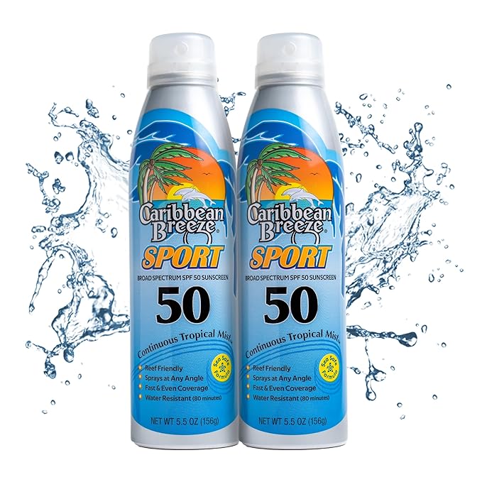 Caribbean Breeze Continuous Tropical Mist SPF 50 Sunscreen Spray Sport, Reef Safe Sunscreen, Up to 80 Minutes Water Resistant, 5.5 Ounces, 2 Pack