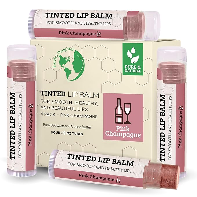 Tinted Lip Balm by Earth’s Daughter – 4 Pack of Pink Champagne Color – Beeswax, Coconut Oil, Cocoa Butter, Vitamin E – Moisturize and Beautify – Paraben Free
