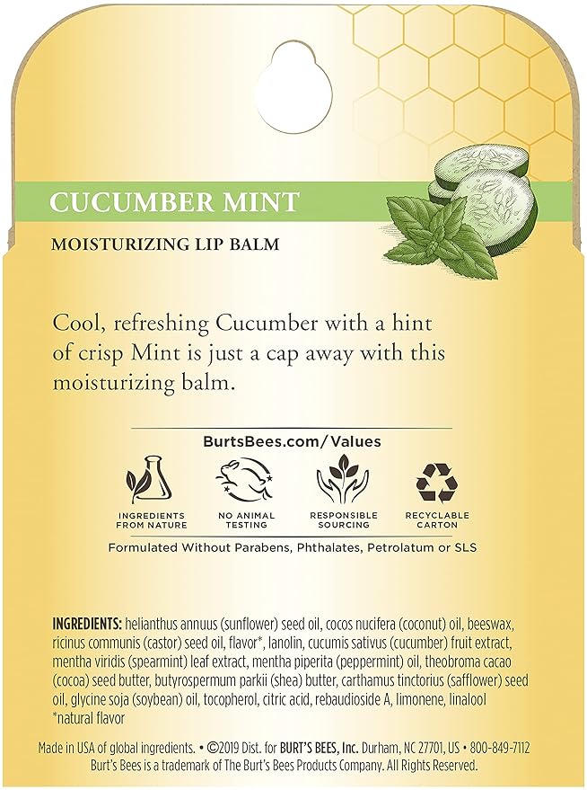 Burt's Bees 100% Natural Origin Moisturizing Lip Balm, Cucumber Mint with Beeswax, 4 Tubes