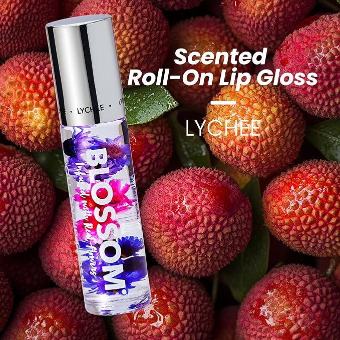 Blossom Roll on Lip Gloss, Scented Clear High Shine Moisturizing Lip Oil, Non Sticky, Infused with Real Flowers, Made in USA, 0.2oz, Lychee