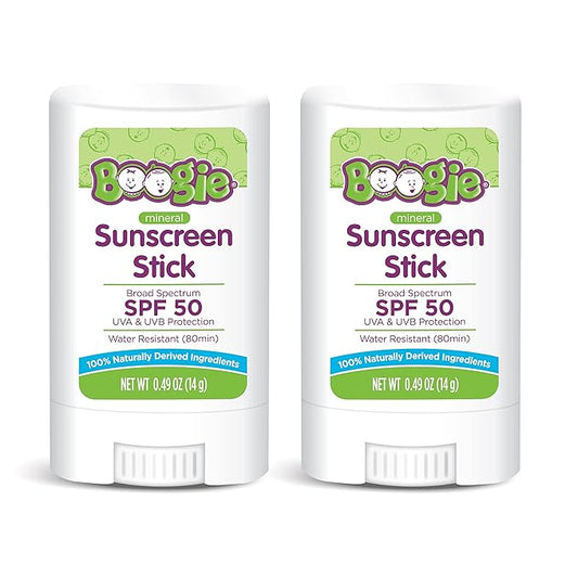 Baby Sunscreen Stick by Boogie, Mineral Sunscreen SPF 50, Travel Size Sunblock for Kids, FSA/HSA Eligible, Zinc Oxide, Water Resistant, Vegan, Fragrance Free, Pack of 2