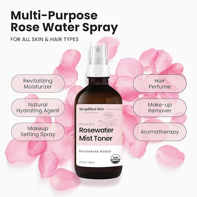 Rose Water Spray for Face & Hair (Refill) - Organic USDA Certified Rosewater Facial Toner - Alcohol-Free Makeup Setting Hydrating Face Mist - Anti-Aging Toner Spray - 8 Fl Oz