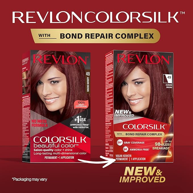 Revlon ColorSilk with Bond Repair Complex, Auburn Permanent Hair Color, 100% Gray Coverage, Ammonia Free Hair Dye, Vegan Keratin, 49 Auburn Brown (Pack of 3)