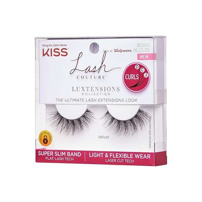KISS Lash Couture LuXtensions Collection False Eyelashes, Flat Lash Technology, Super Slim Lash Band, Real Lash Extension Fibers, Reusable, Contact Lens Friendly Strip Lashes, Style 'Velvet', 1 Pair