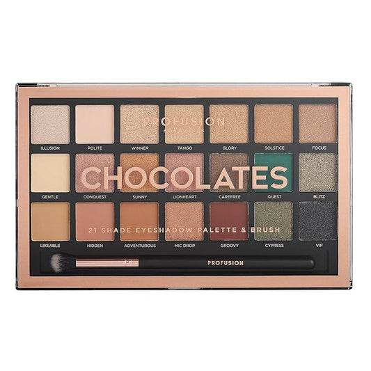 Profusion Cosmetics 21 Shade Eyeshadow Palette Collection & Brush, Chocolates