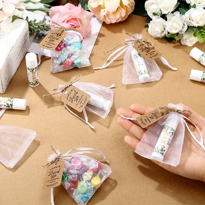 Demissle 50 Pcs Baby Shower Lip Balm Gift Set with 100 Pcs Organza Bags Baby Shower Party Favor for Guest Thank You Tag Rope Baby Shower Party Decoration Gender Reveal Souvenirs (Leaves)