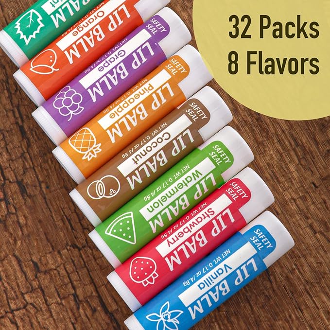 32 Pack Lip Balm, Natural Lip Flavors