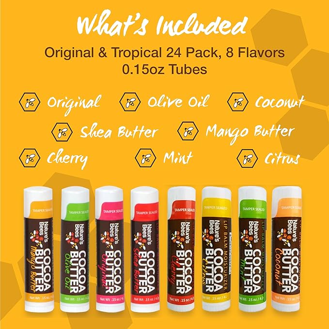 Nature's Bees 24 Pack Lip Balm, Natural Ingredient Lip Balm Bulk, Lip Care Product, Lip Balm for Dry Cracked, Lips, Made in the USA, 8 Flavors, 0.15oz (4.2 g)