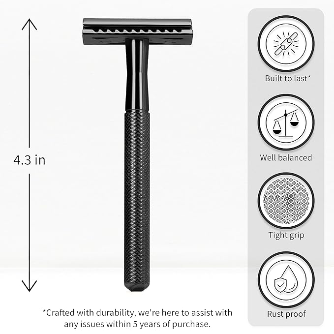 Bambaw Safety Razor for Men with 5 Double Edge Safety Razor Blades, Safety Razors for Men, Sustainable Metal Razor, Zero Waste - Black