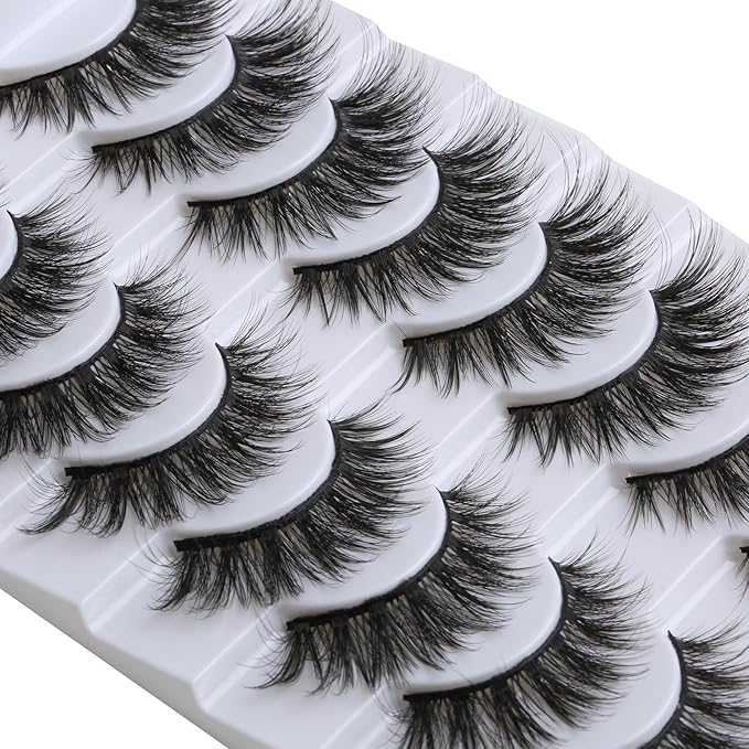SUNWELL False Eyelashes 16mm Mink Lashes Cat Eye Lashes Strips 8D Fluffy Faux Mink Lashes Soft Wispy Luxury Volume Fake Lashes 10 Pairs Pack