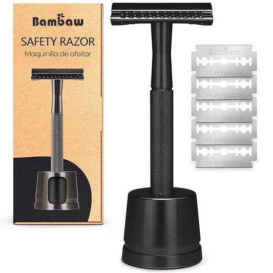 Bambaw Double Edge Safety Razor with 5 Safety Razor Blades, Single Blade Razor for Men with Razor Stand, Double Edge Razor, Safety Razors for Men - Black