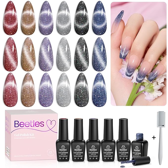 Beetles Cat Eye Gel Nail Polish Set 6 Colors Glitter Red Purple Blue Nail Polish with Magnet Spring Gel Polish Soak Off U V Led Gifts for Women Girls Salon DIY Home