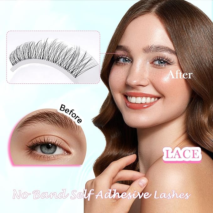 GAQQI Self Adhesive Eyelashes Clusters, No Glue Lash Clusters 10-16mm Wispy & Natural Cluster Lashes, No Band Press On Lashes, More Comfortable & Stronger Hold (Lace）