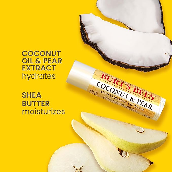 Burt's Bees Lip Balm - Beeswax, Strawberry, Coconut and Pear, and Vanilla Bean, With Responsibly Sourced Beeswax, Tint-Free, Natural Origin Lip Treatment, 4 Tubes, 0.15 oz.