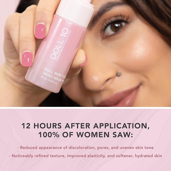 Doll 10 - Doll Skin Tinted Serum Primer - Blurs Color, Texture & Pores - Improves Skin While Wearing - Good for All Skin Types - Oil Free, Vegan, Cruelty Free & No Parabens (Light-Medium, 1 oz)