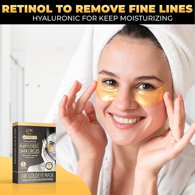 24k Gold Eye Mask - Under Eye Patches for Dark Circles, Puffiness, and Wrinkles - 20 Gold Eye Patches for Puffy Eyes with Collagen and Amino Acids for Intense Hydration and Firming