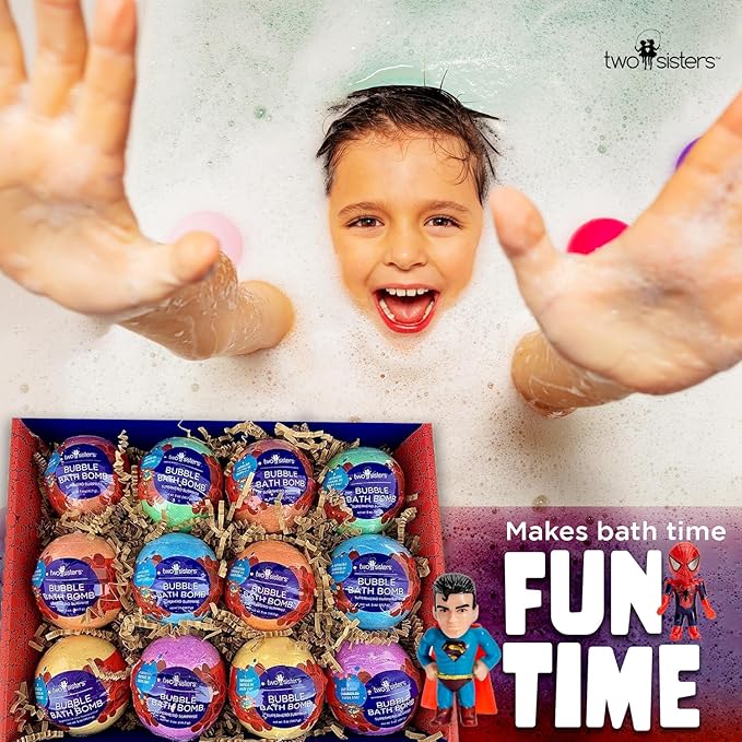 Superhero Boys Bath Bombs with Surprise Hero Toys Inside (12 Pack) - Large Bubble Bomb, Fruity Scents, Relaxing Aromas - Ideal Birthday Gift for Kids by Two Sisters
