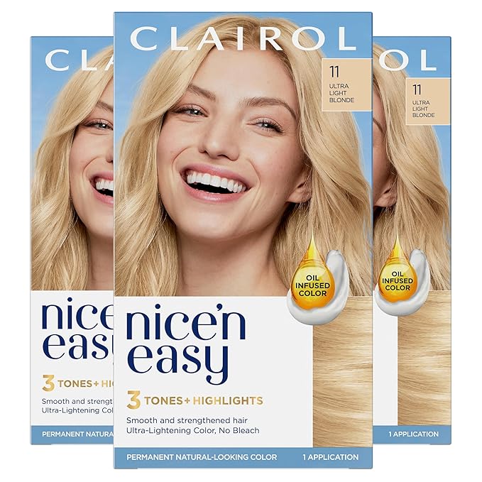 Clairol Nice'n Easy Permanent Hair Dye, 11 Ultra Light Blonde Hair Color, Pack of 3