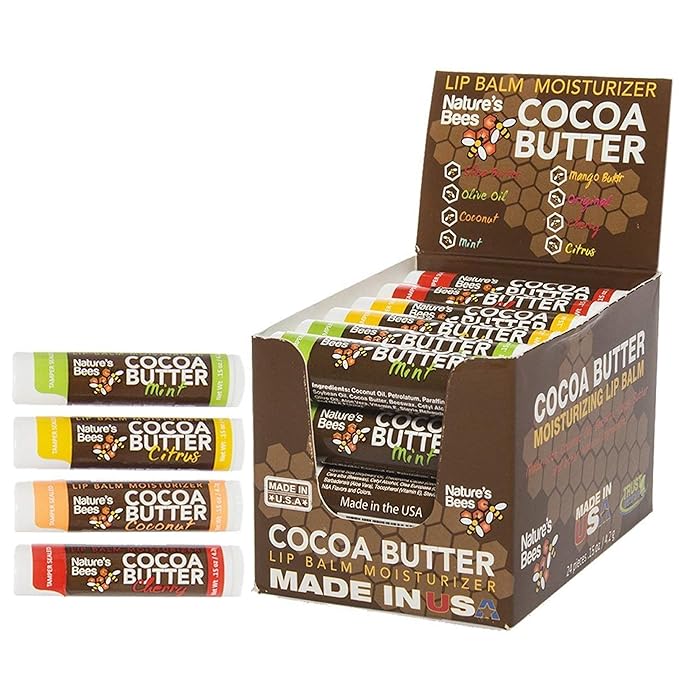 Nature's Bees - Cocoa Butter Lip Balm Moisturizer - Tropical 24 Pack, 4 Flavors - Citrus, Coconut, Cherry, & Mint - Made w/Coconut Oil, Beeswax, Vitamin E, Aloe, Shea Butter - 0.15oz (4.2g)