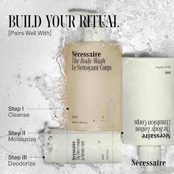 Nécessaire The Body Lotion with Pump. Hinoki. Multi-Peptide Firming Lotion to Moisturize, Firm, Strengthen. 2.5% Niacinamide, Vitamin C/E + Omega 6/9. 450ml / 15.2 fl oz