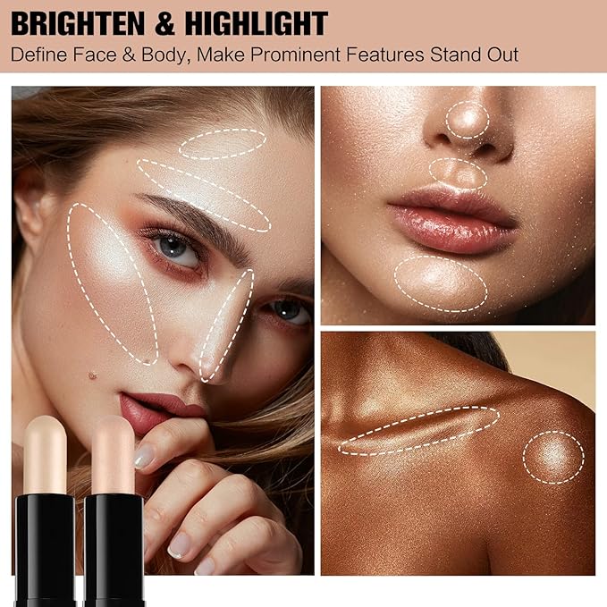 Contour Stick, 2Pcs Dual-Ended Highlighter Makeup Pen & Contouring Stick for Face Shaping, Long Lasting Waterproof Cream Bronzer & Highlight Sticks Make Up Kit for All Skin Tones (01# + 02#)