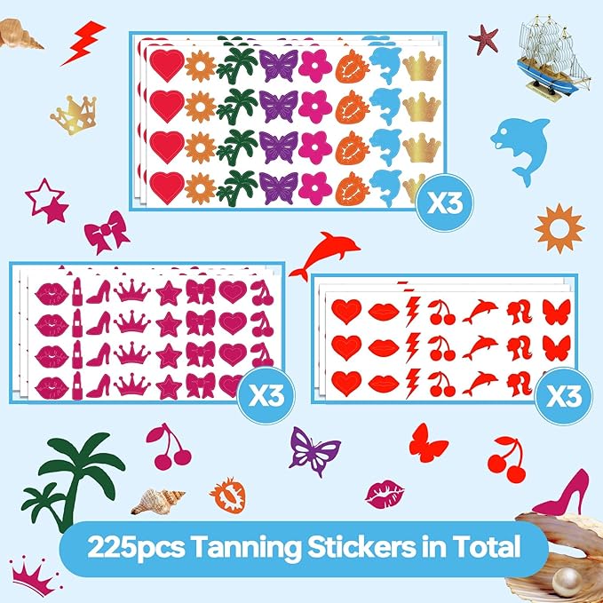 225 Pieces Tanning Stickers, Sunbathing Tattoo Body Sticker Self Adhesive for Indoor Tanning Beds, 15+ Styles Heart Butterfly Lips Strawberries Shaped