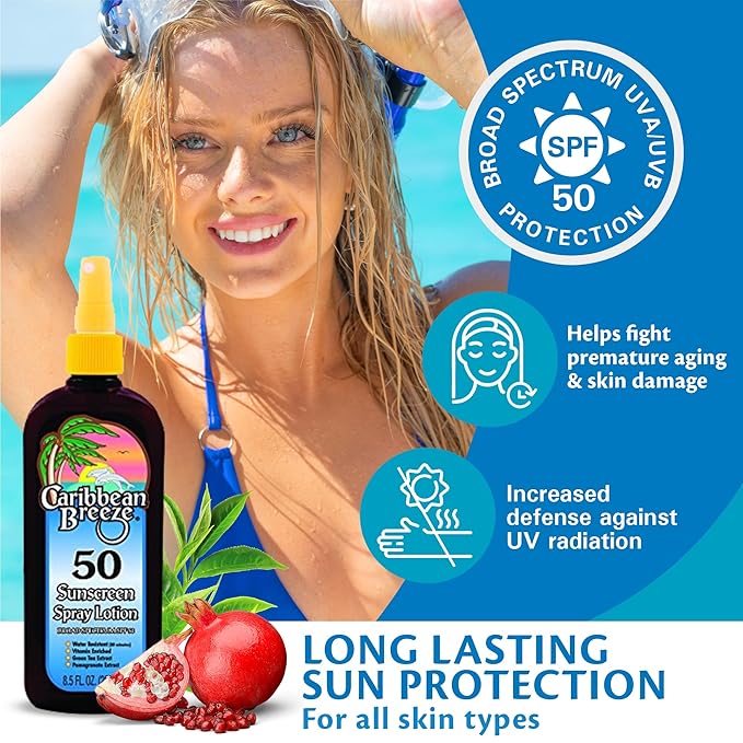 Caribbean Breeze Sunscreen Spray SPF 50 Lotion, Mango Scent Lime Fragrance Tanning Sunscreen Spray On Sunscreen with Green Tea & Pomegranate Extracts, 8.5 oz (250 ml)