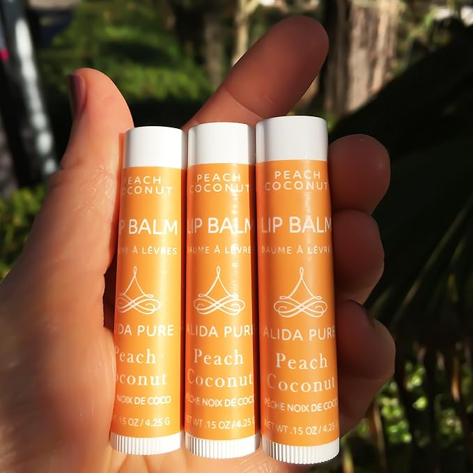Peach Coconut Lip Balm Collection, Vegan Lip Balm Set, Lip Balm, Beeswax Free, with Avocado Oil, Organic Jojoba Oil, and Vitamin E, Natural Moisturizer for Dry, Chapped Lips, 3 Tube Set