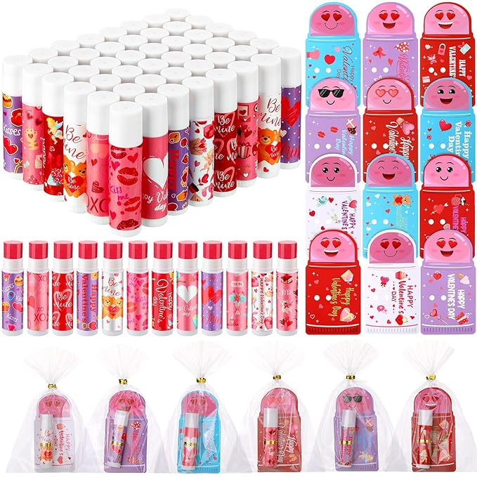 48 Pcs Valentine's Day Cherry Flavored Moisturizing Lip Balm Gloss Lipstick with 48 Pcs Valentine's Day Card Bulk Party Supplies Lip Care Gift Men Women and Children, 12 Styles