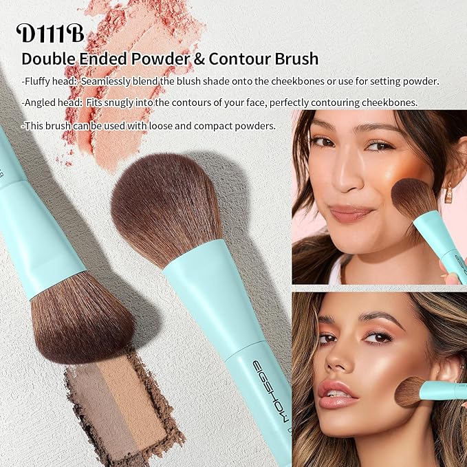 EIGSHOW Makeup Brush Set, 3Pcs Dual Ended Face Makeup Brushes for Foundation Powder Contour Highlight Concealer Nose Shadow, Travel Gift Set (Cyan)