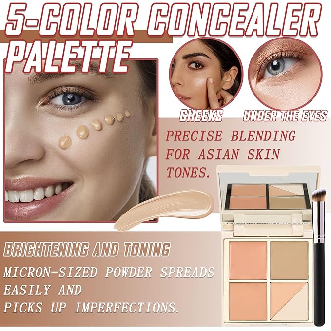 5 Colors Correcting Concealer Palette,Waterproof Long Lasting Cream