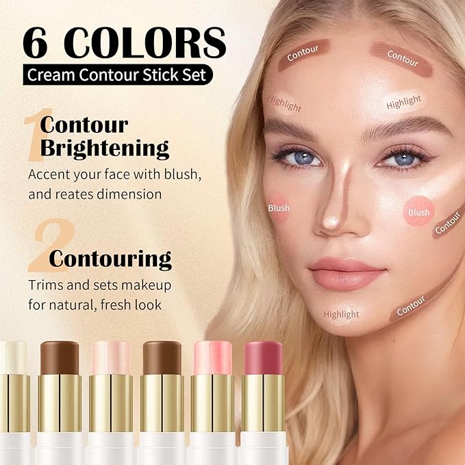 8 PCS Contour Stick Makeup Contour Kit,Double-ended Design with Highlighter,Blush and Bronzer Stick,Lightweight,Easy to Sculpt,Create a Matte and Dewy Finishing Makeup（Set B）